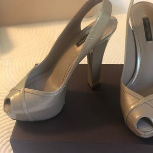 Louis Vuitton pat sand Tamara open toe heels